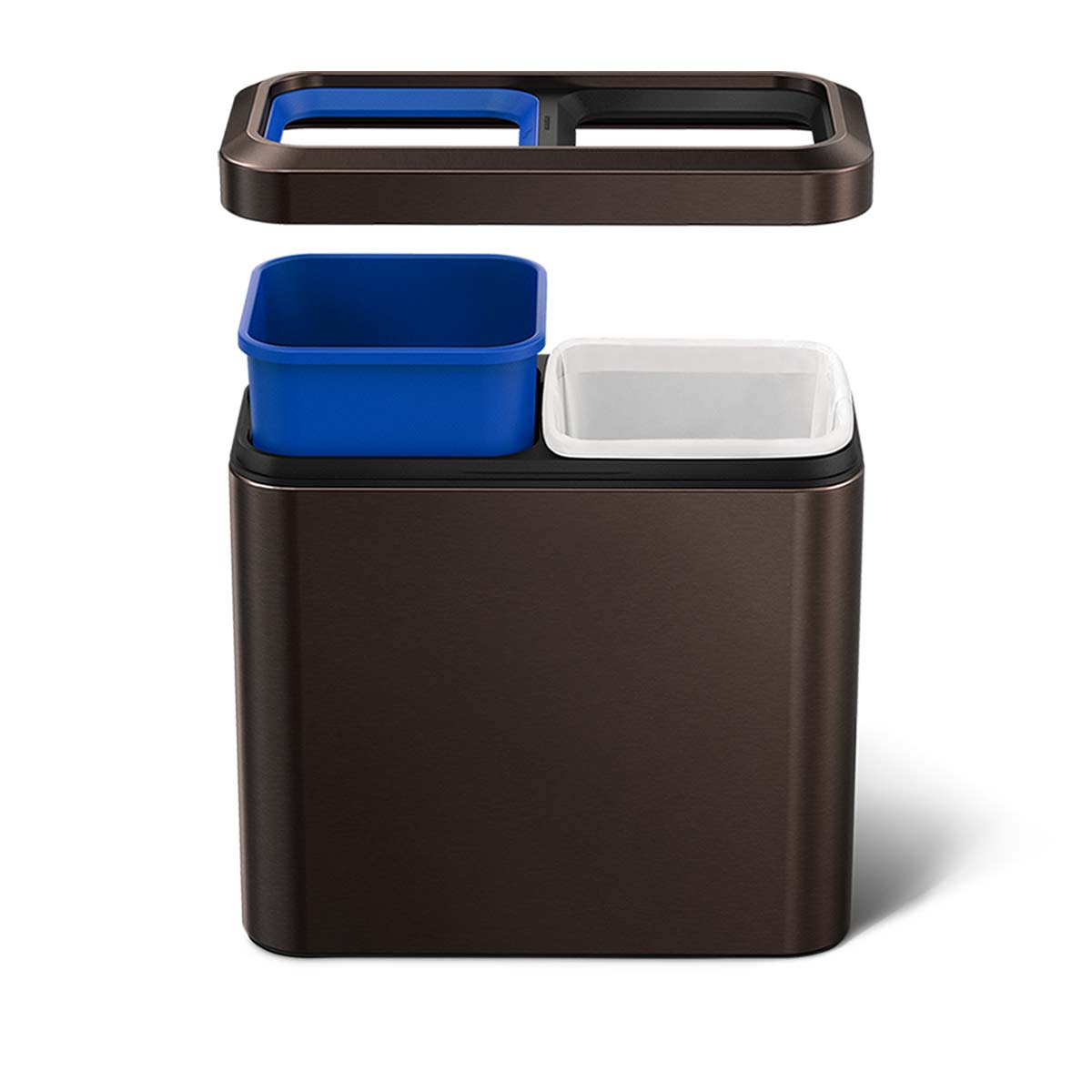 Simplehuman Dark Bronze 20L Dual Slim Open Can, exploded view showing removable blue recycling and white trash liners.