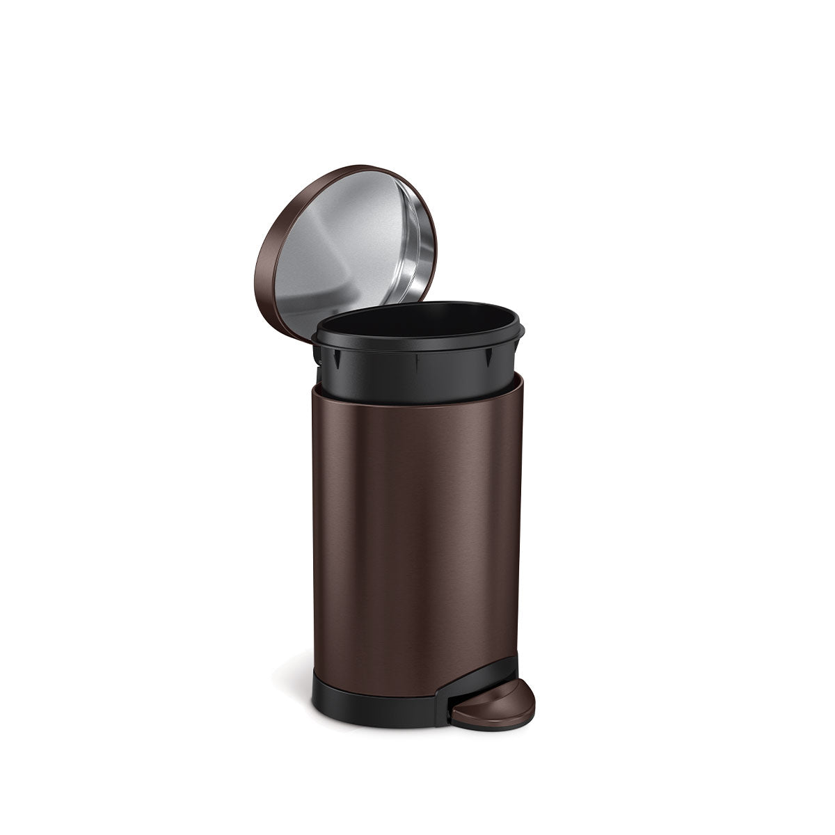 Angled view of Simplehuman 6L Semi-Round Step Can in Dark Bronze, open lid showing removable liner.
