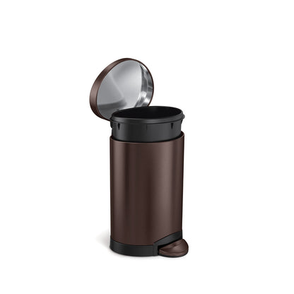 Angled view of Simplehuman 6L Semi-Round Step Can in Dark Bronze, open lid showing removable liner.