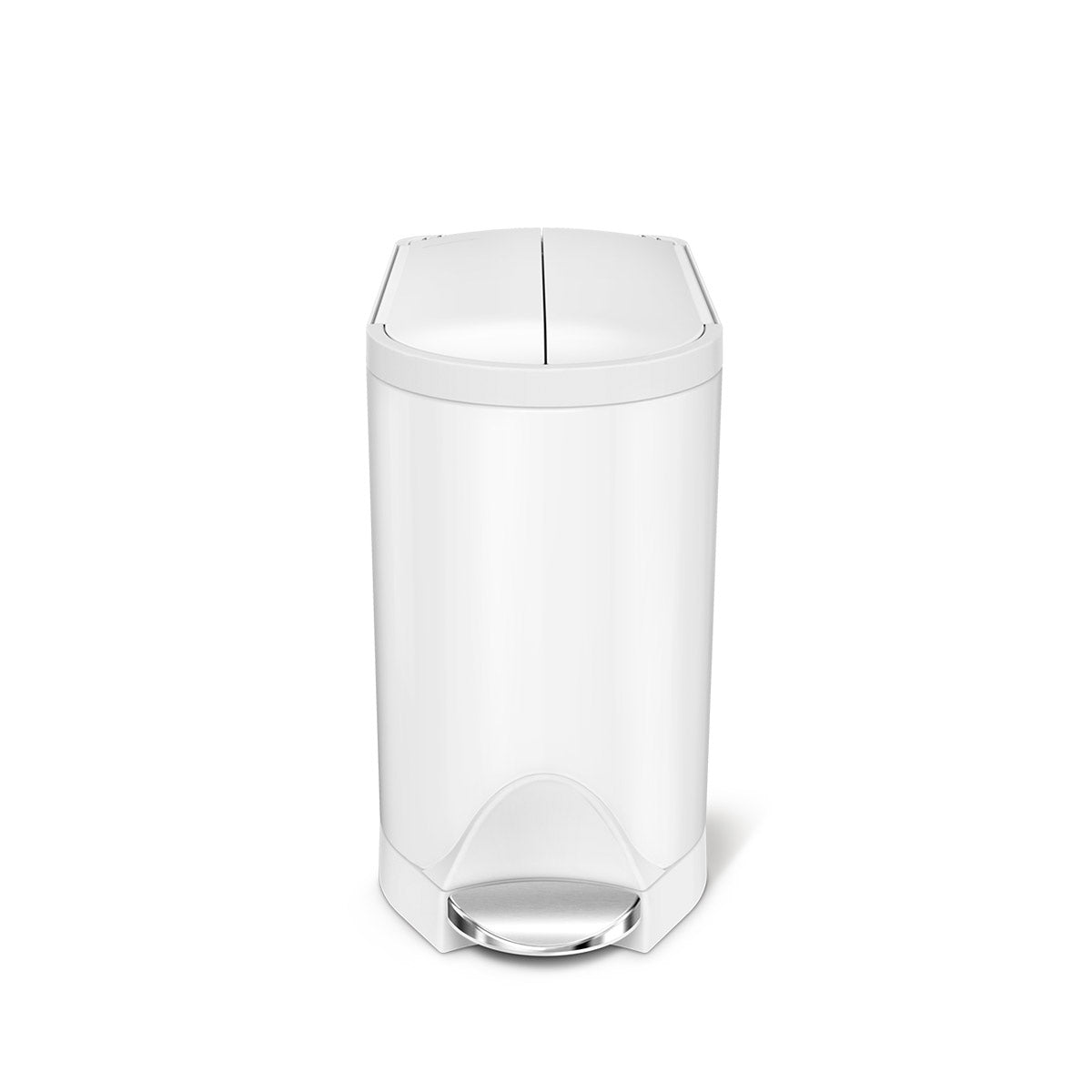 Front view of Simplehuman White 10L Butterfly Step Can, hands-free pedal, space-saving split lid.