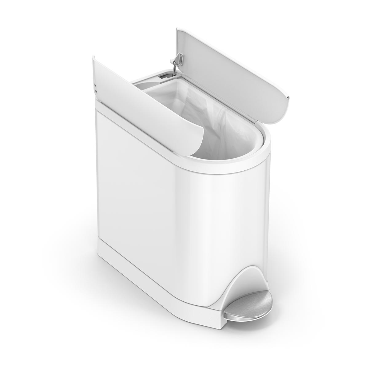 Simplehuman White 10L Butterfly Step Can with open split lid detail, space-saving design, hands-free pedal.
