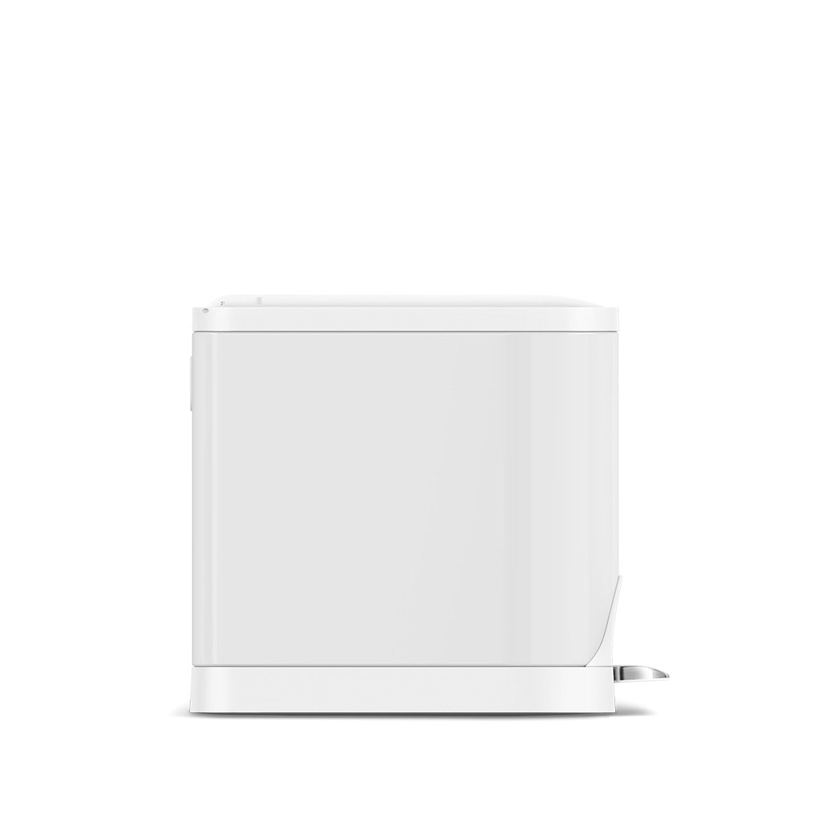 Side view of Simplehuman White 10L Butterfly Step Can, narrow profile, hands-free pedal.