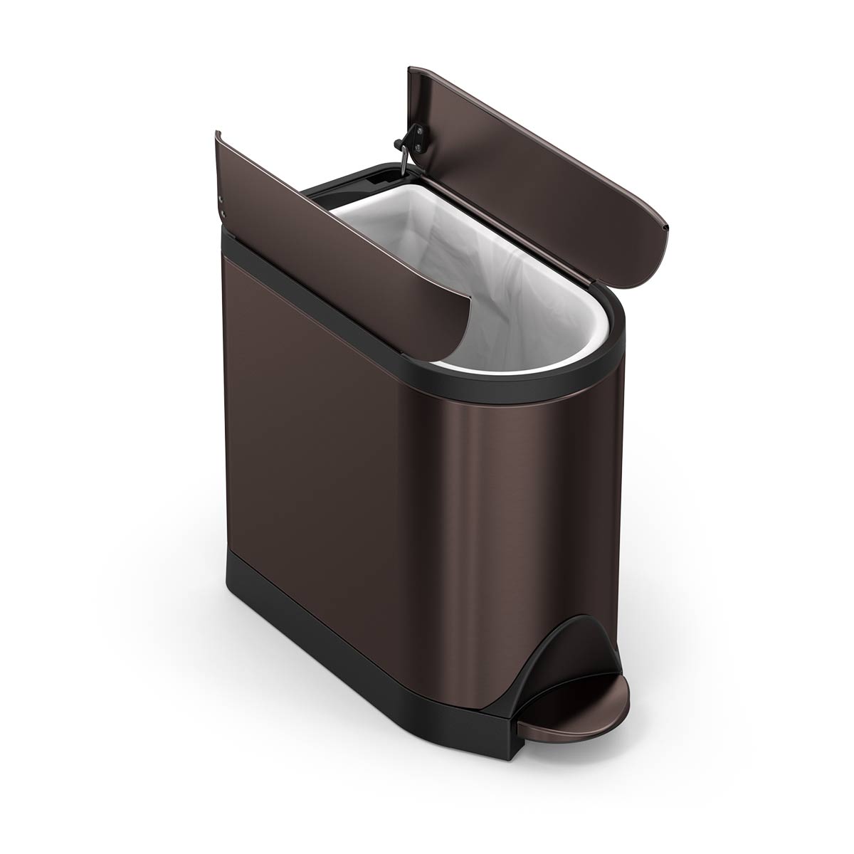 Angled view of Simplehuman Dark Bronze 10L Butterfly Step Can, open split lid mechanism, hands-free pedal.
