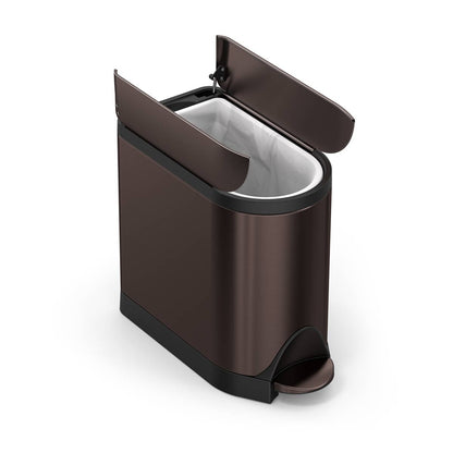 Angled view of Simplehuman Dark Bronze 10L Butterfly Step Can, open split lid mechanism, hands-free pedal.