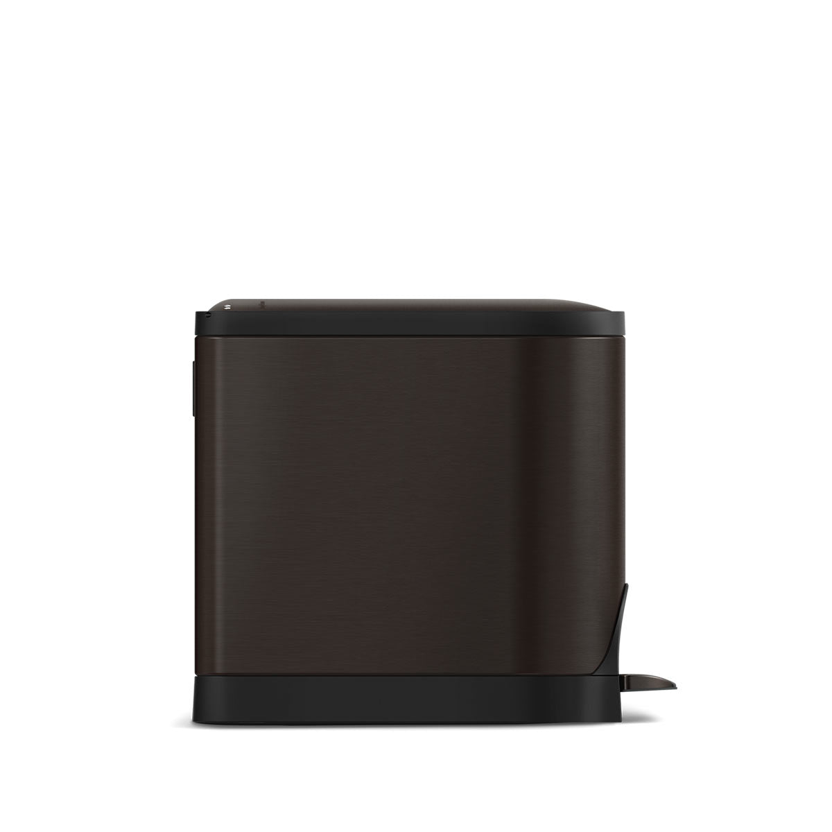 Side view of Simplehuman Dark Bronze 10L Butterfly Step Can, narrow profile, hands-free foot pedal.