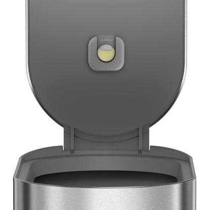 Detail view of Simplehuman Brushed Stainless Steel Step Can showing lid, liner rim, and odor-absorbing pod holder.