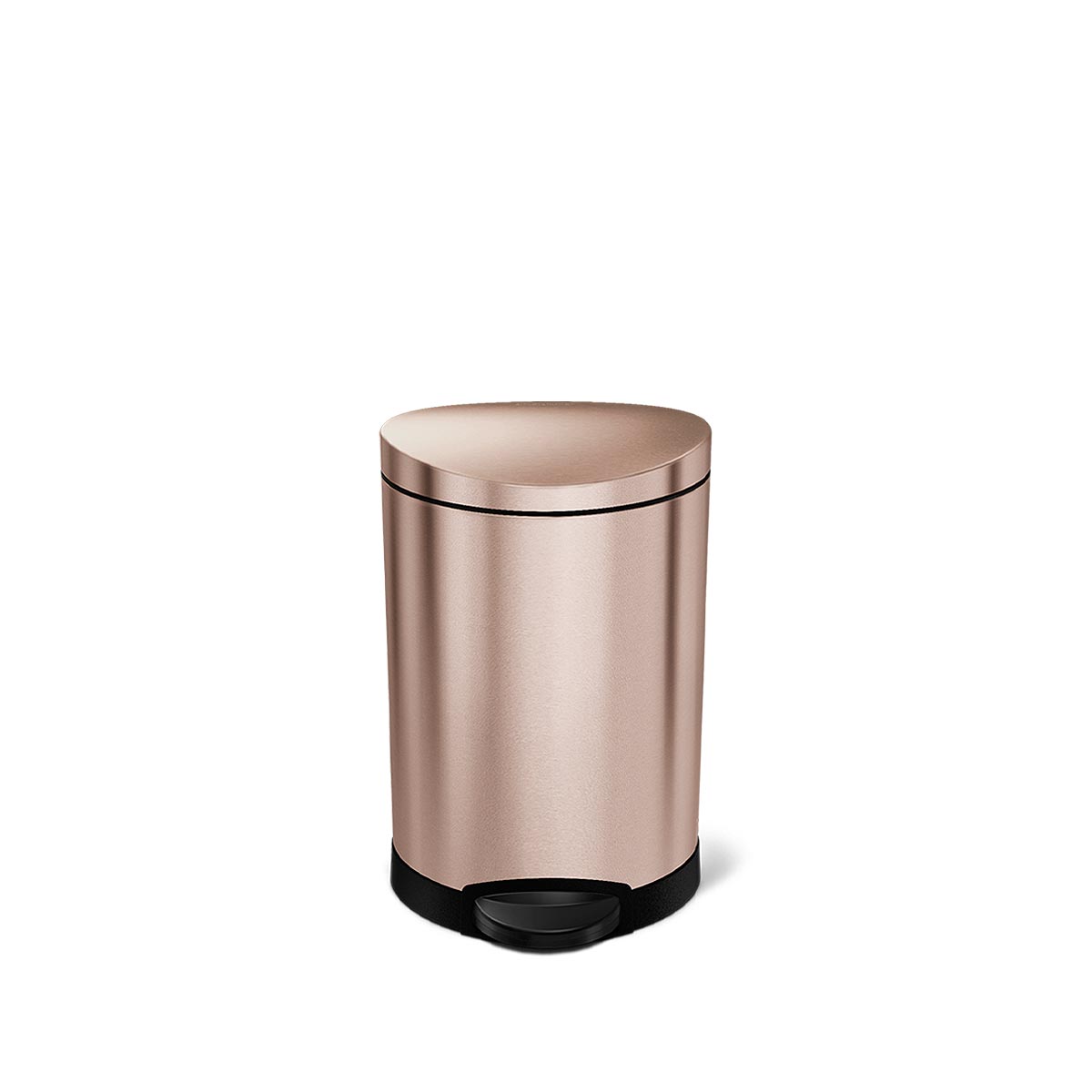 Front view of Simplehuman 6L Semi-Round Step Can in Rose Gold, hands-free pedal, ideal for small spaces.