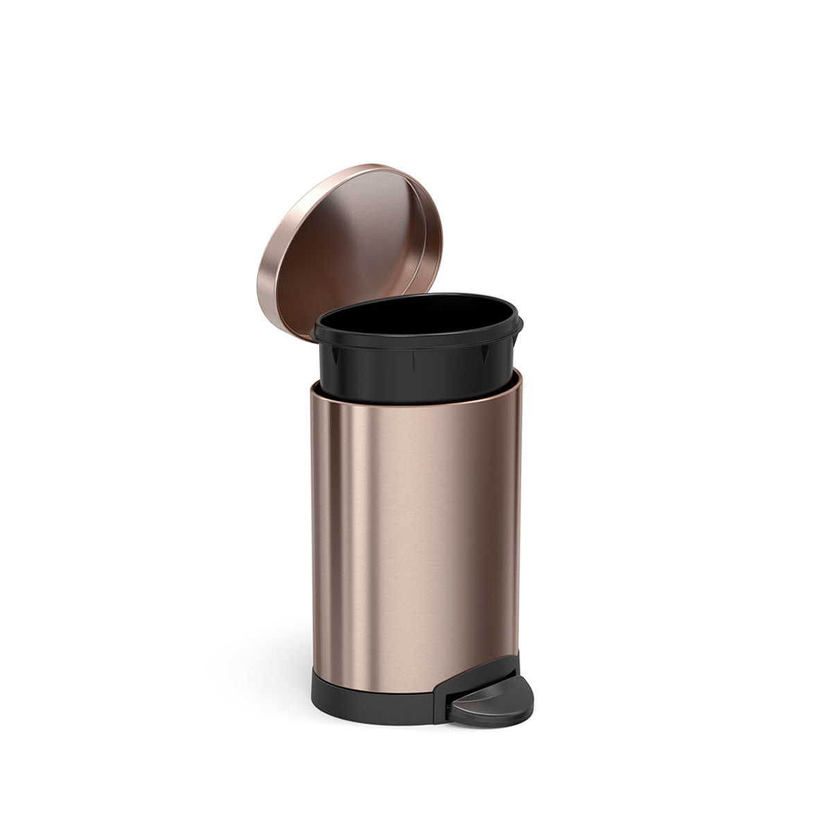 Simplehuman 6L Semi-Round Step Can in Rose Gold, open lid showing removable liner, hands-free pedal.