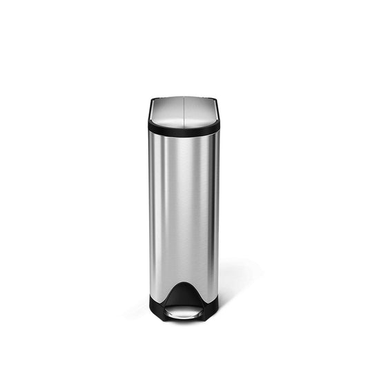 Studio shot of Simplehuman 18L Step Can in Brushed Stainless Steel, featuring hands-free butterfly lid.