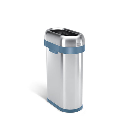 Simplehuman 50L Slim Open Can, Brushed Stainless Steel with Blue accent collar, fixed open lid.