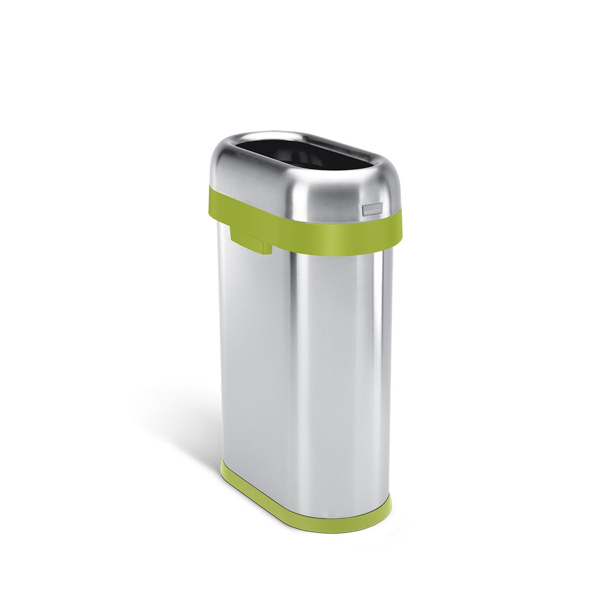 Simplehuman 50L Slim Open Can, Brushed Stainless Steel with Green accent collar, fixed open lid for quick disposal.