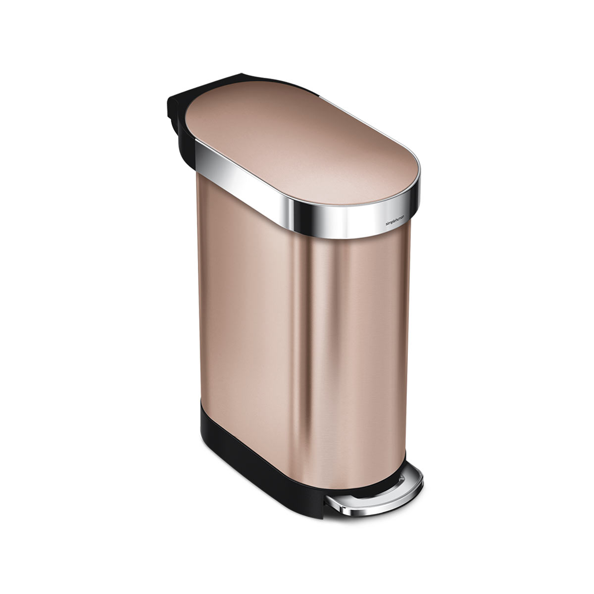 Simplehuman 45L Slim Step Can in Rose Gold, sleek profile with polished chrome accents and hands-free pedal.