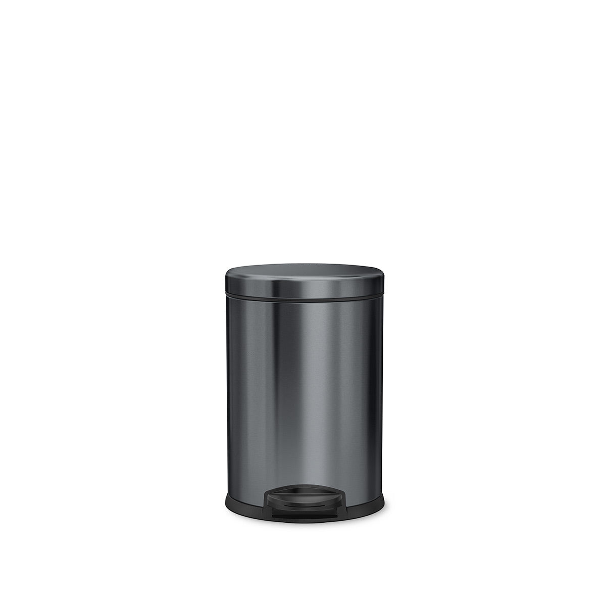 Front view of Simplehuman 4.5L Round Step Can in Matte Black finish, hands-free pedal operation.