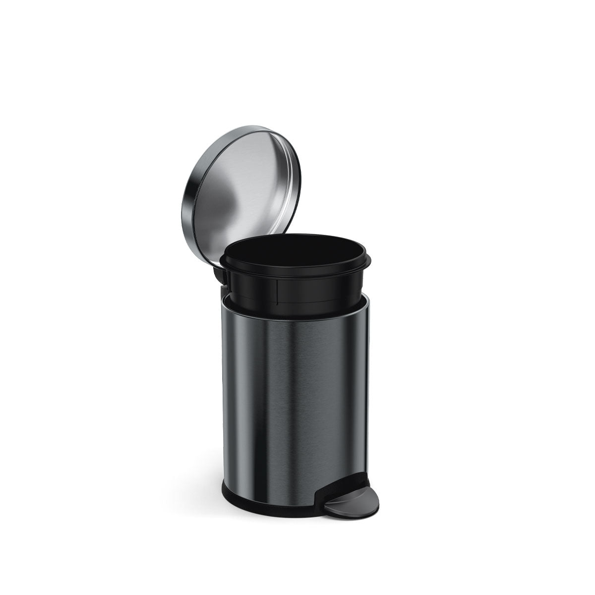 Simplehuman 4.5L Round Step Can in Matte Black, open lid view showing removable liner, hands-free pedal.