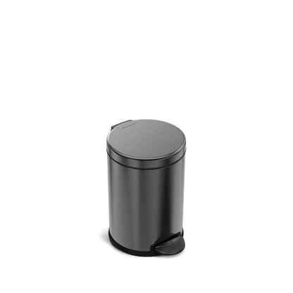 Simplehuman 4.5L Round Step Can in Matte Black, hands-free pedal operation.