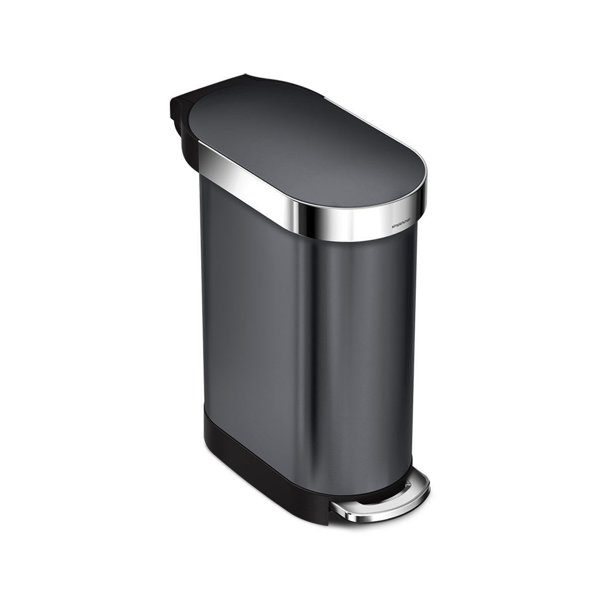 Simplehuman 45L Slim Step Can in Dark Bronze with polished liner rim and hands-free foot pedal.