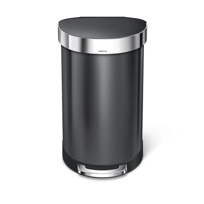 Front view of Simplehuman 45L Semi-Round Step Can in Dark Bronze Stainless Steel, liner rim, hands-free pedal.