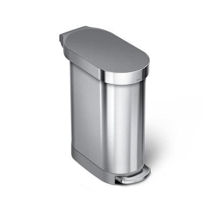 Angled view: Simplehuman 45L Slim Step Can in Brushed Stainless Steel, hands-free step pedal.