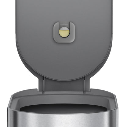 Close-up: Simplehuman 45L Slim Step Can, Brushed Stainless Steel, showing open lid, liner rim, and Odorsorb Pod.