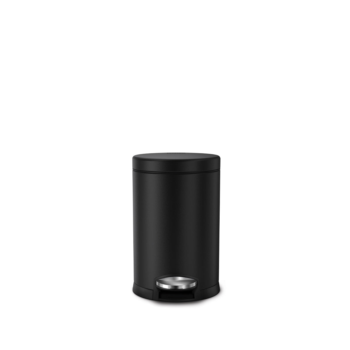 Closed view of Simplehuman 4.5L Round Step Can, Matte Black finish with durable steel pedal.