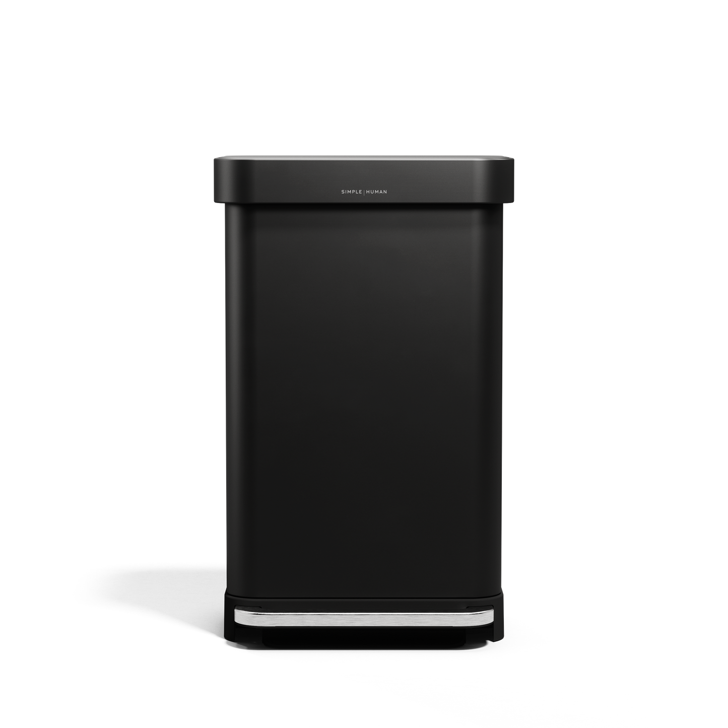 Front view of Simplehuman 45L Rectangular Step Can in Matte Black, hands-free pedal, liner pocket.