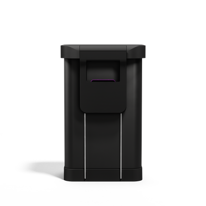 Close-up of Simplehuman 45L Matte Black Step Can liner pocket dispenser slot, easy-dispense design.