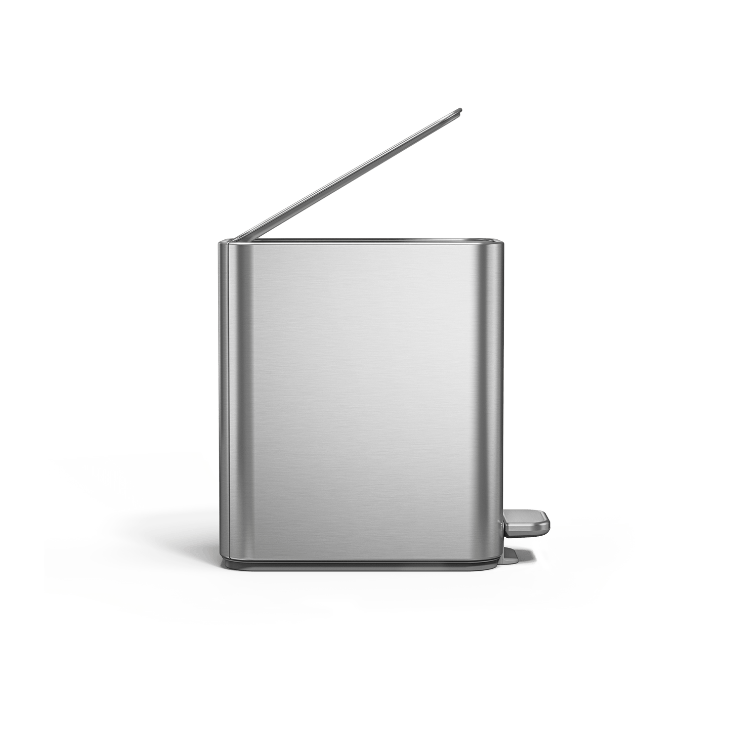 Simplehuman 5L Slim Step Can, Brushed Stainless Steel, Angled view, foot pedal lifts silent lid.
