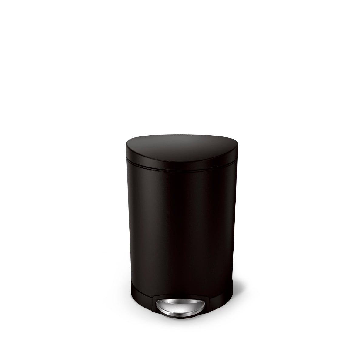 Front angled view of Simplehuman 6L Semi-Round Step Can, Matte Black finish, hands-free stainless steel pedal.