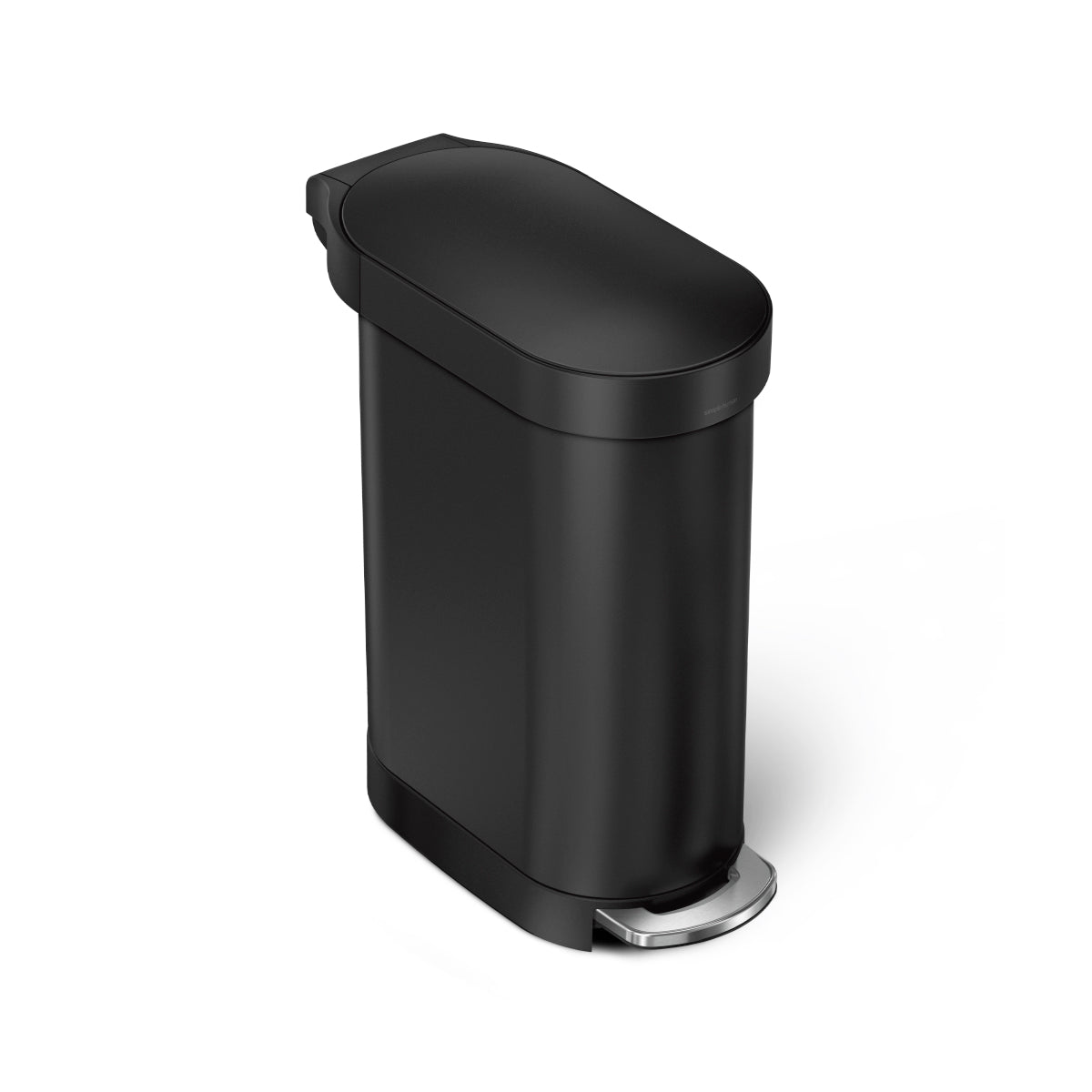 Simplehuman 45L Slim Step Can, Matte Black, with Stainless Steel step pedal, hands-free operation.