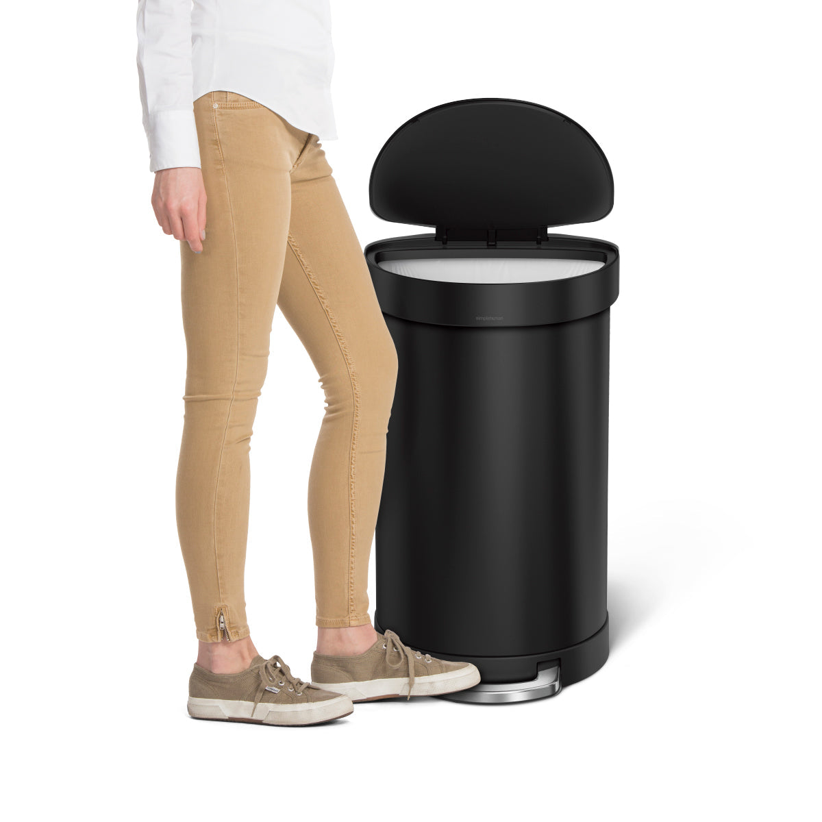 Side view of Simplehuman 45L Semi-Round Step Can in Matte Black, open lid, demonstrating hands-free use.