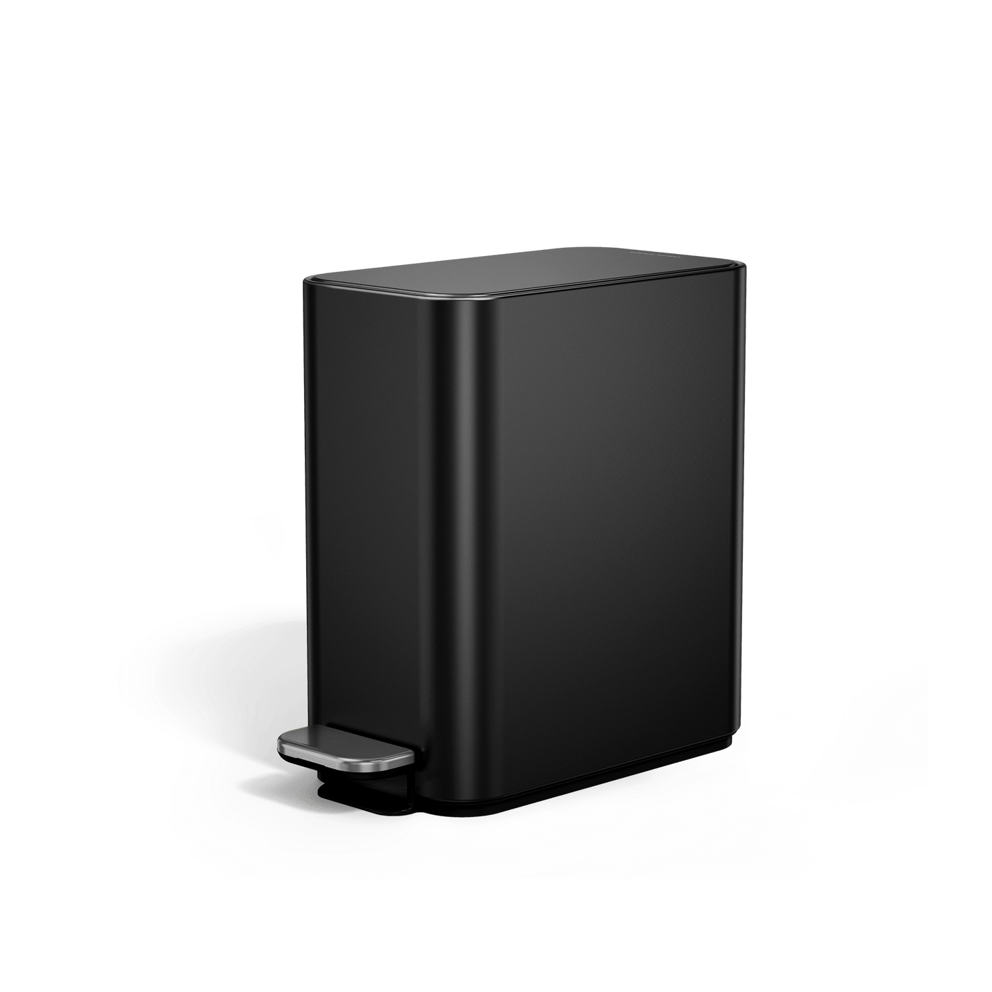 Angled view of Simplehuman 5L Slim Step Can in Matte Black, hands-free operation