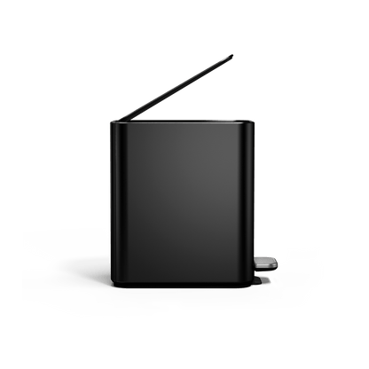 Simplehuman 5L Slim Step Can, Matte Black, side view with open lid showing hands-free operation.