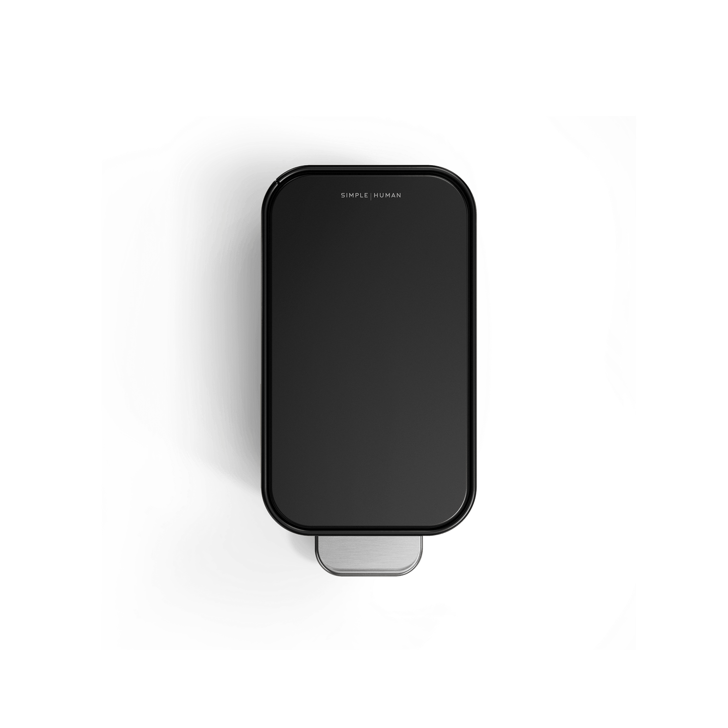Simplehuman 5L Slim Step Can, Top view, Matte Black, showcasing narrow profile and stainless steel pedal.
