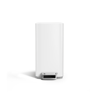 Simplehuman 5L Slim Step Can, White finish, straight front view, hands-free slim design.