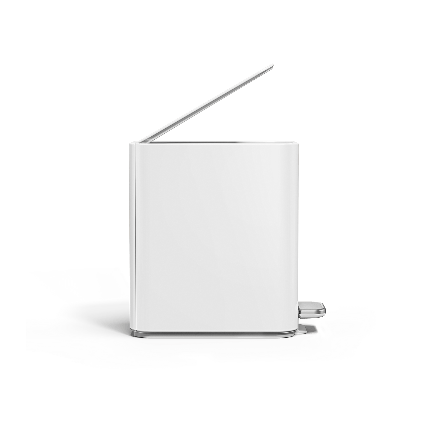 Simplehuman 5L Slim Step Can, White, front view with open lid, hands-free operation and slim design.