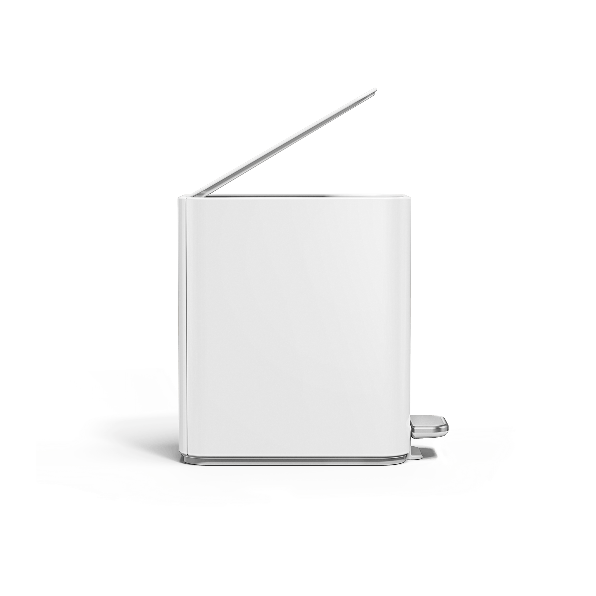 Simplehuman 5L Slim Step Can, White, front view with open lid, hands-free operation and slim design.