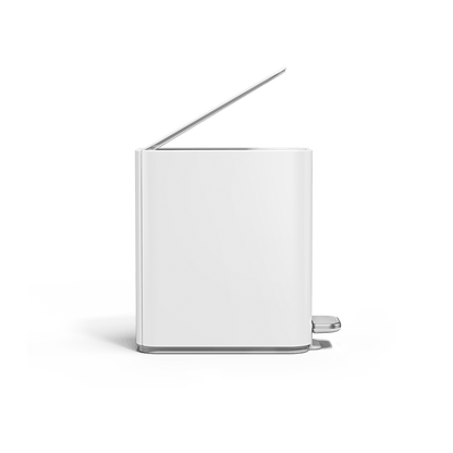Simplehuman 5L Slim Step Can, White, front view with open lid, hands-free operation and slim design.