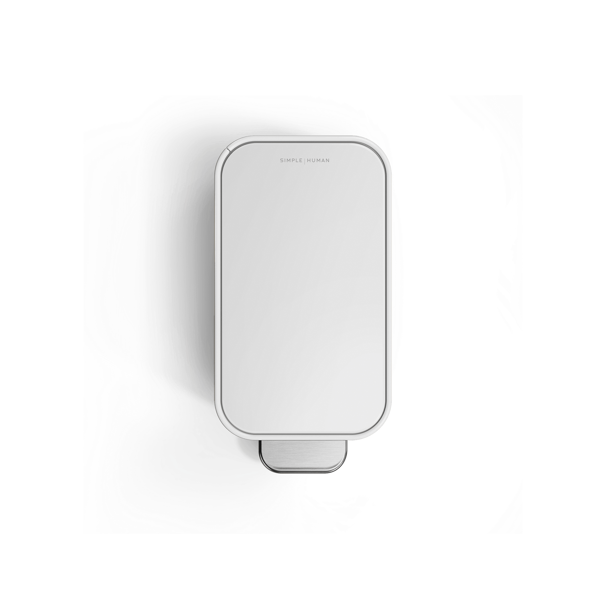 Simplehuman 5L Slim Step Can, White, Top view showcasing slim design and stainless steel hands-free pedal.