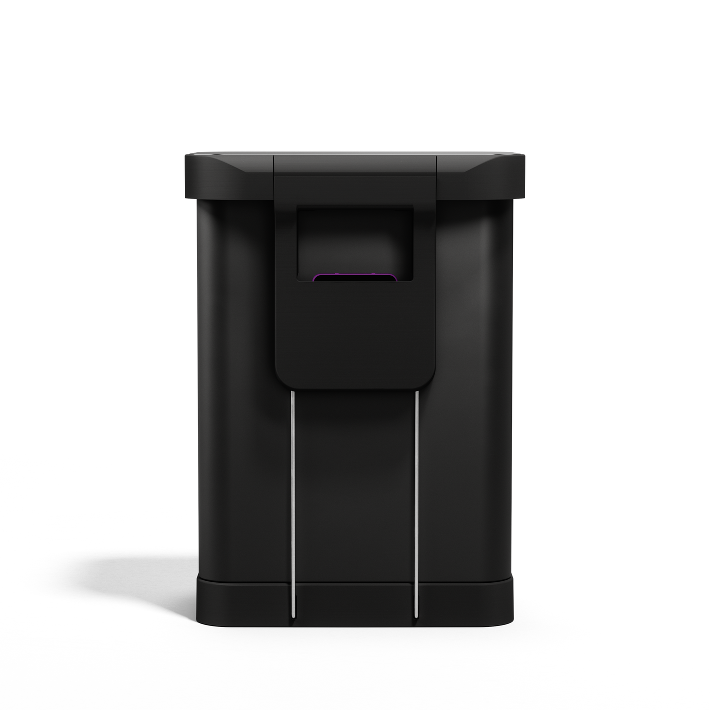 Simplehuman 55L Rectangular Step Can, Matte Black back view showing liner pocket dispenser.