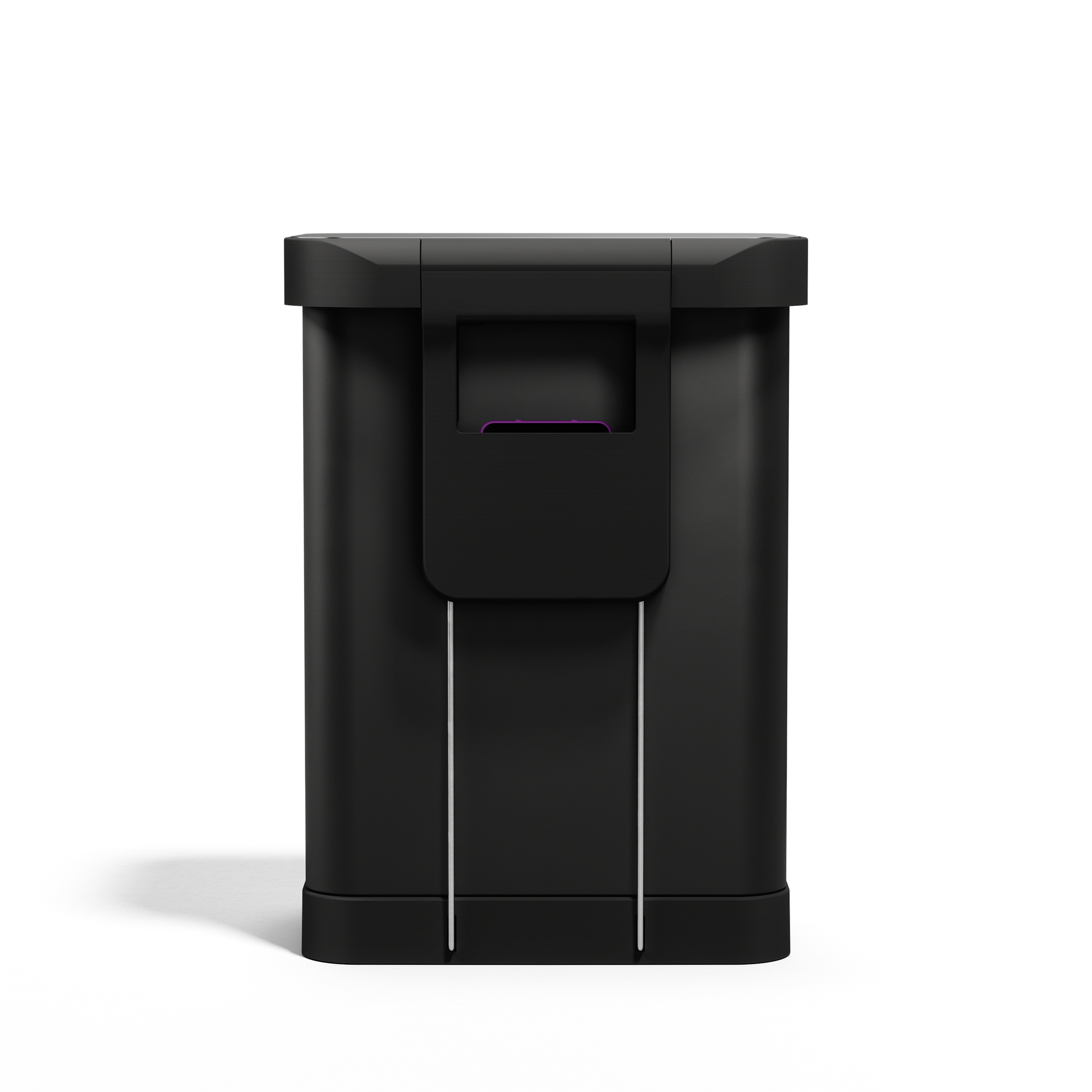 Simplehuman 55L Rectangular Step Can, Matte Black back view showing liner pocket dispenser.