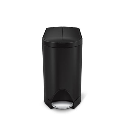 Front view of Simplehuman Matte Black 10L Butterfly Step Can, hands-free pedal, split lid design.