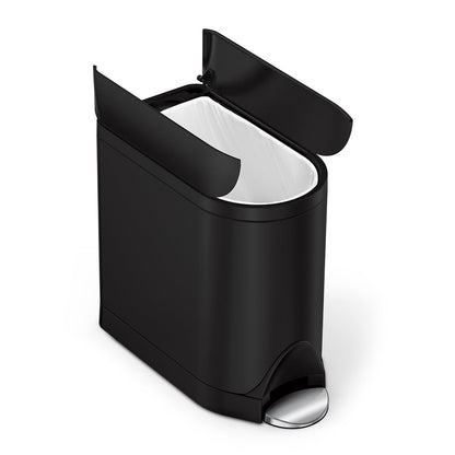 Angled view of Simplehuman Matte Black 10L Butterfly Step Can showing the open split lid and hands-free pedal.