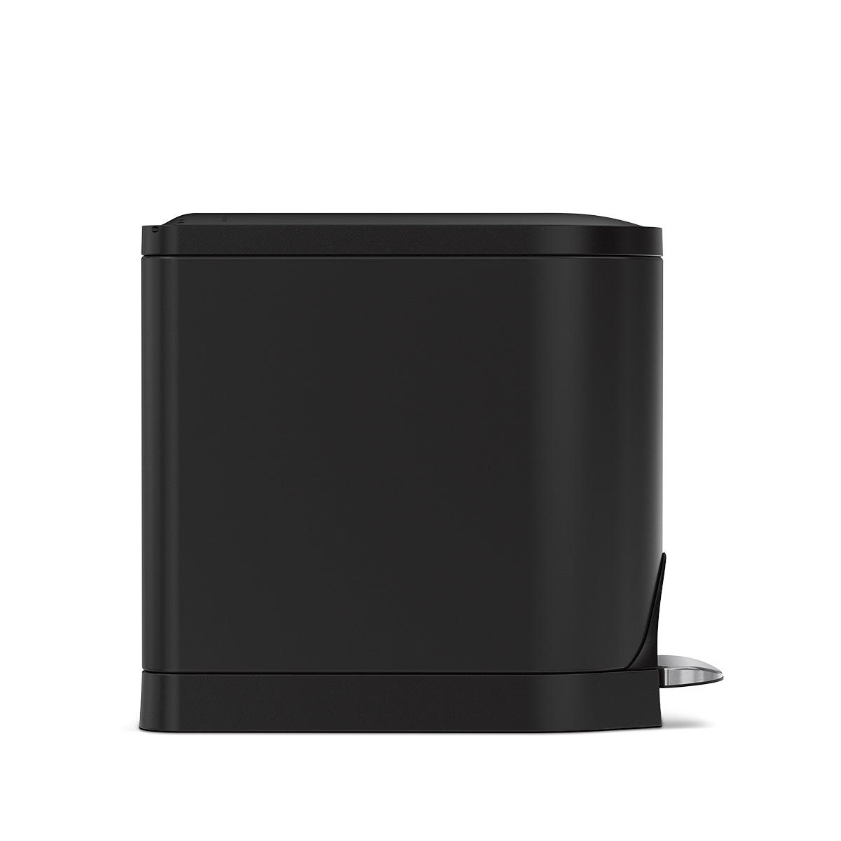 Side view of Simplehuman Matte Black 10L Butterfly Step Can, hands-free foot pedal, space-saving design.