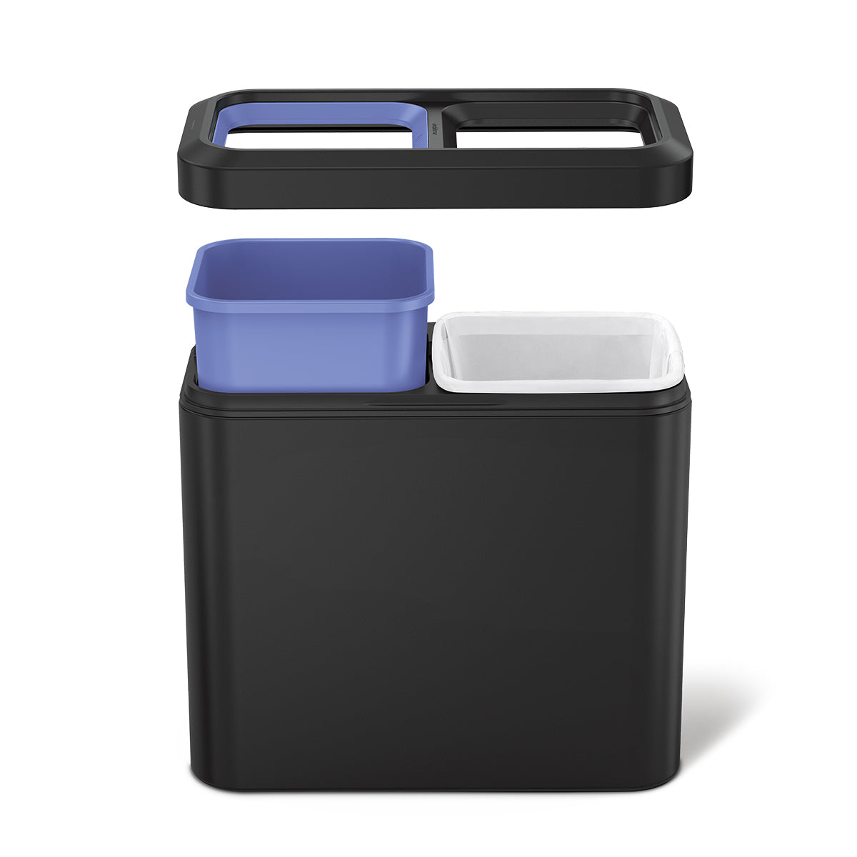Exploded view of Simplehuman Matte Black 20L Dual Can showing the removable liners and open rim.