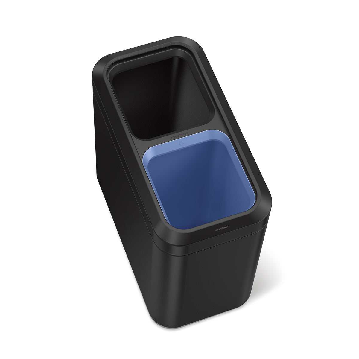 Angled view of Simplehuman Matte Black 20L Slim Open Can interior showing dual removable recycling and trash liners.