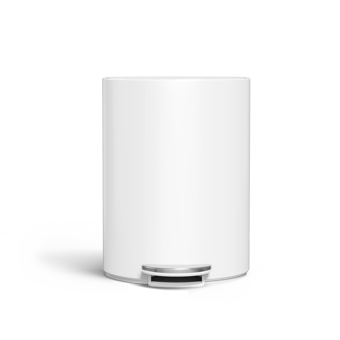 Simplehuman White 6L Semi-Round Step Can, front view, space-saving design with durable steel pedal.