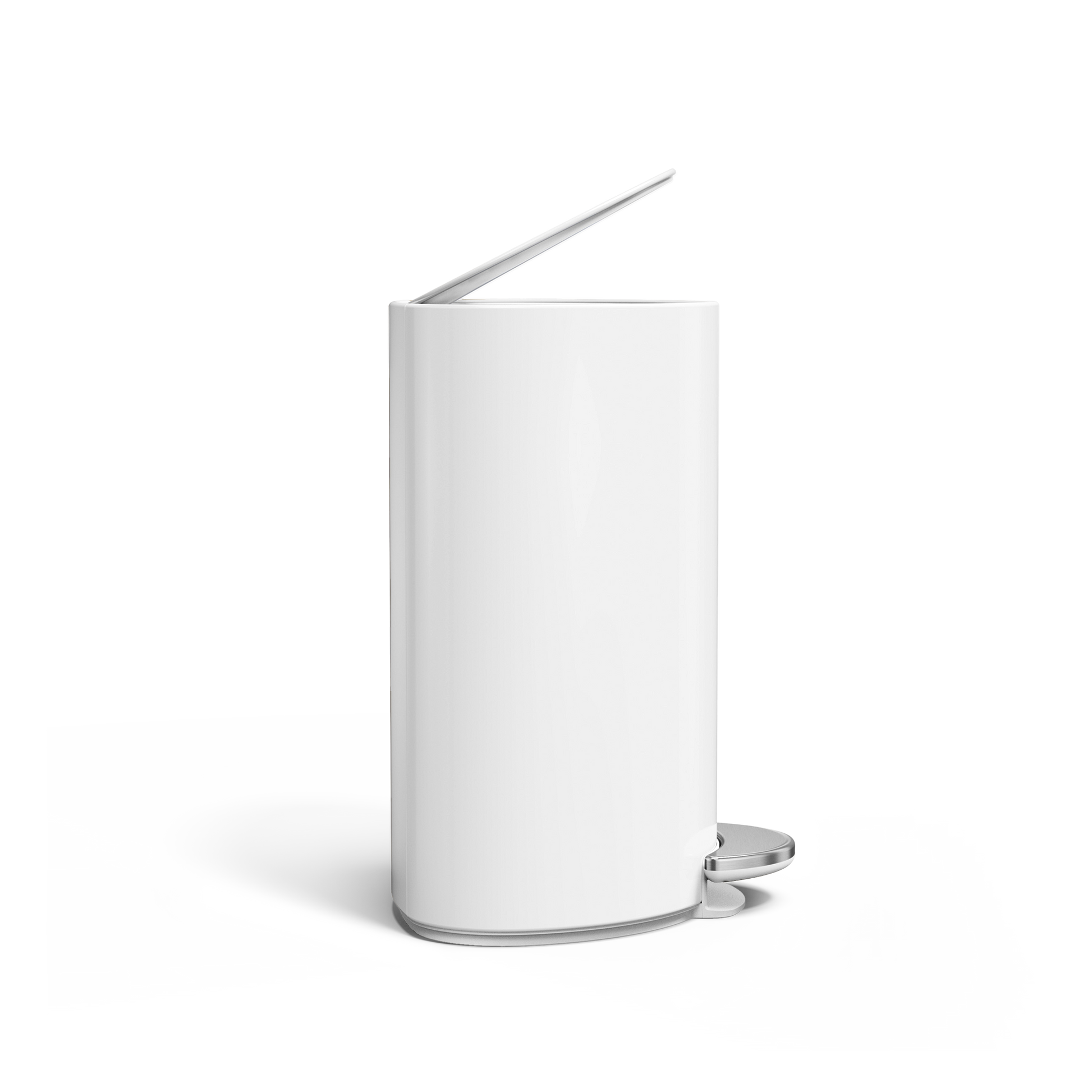 Simplehuman White 6L Semi-Round Step Can, low-angle view emphasizing space-saving design and hands-free pedal.