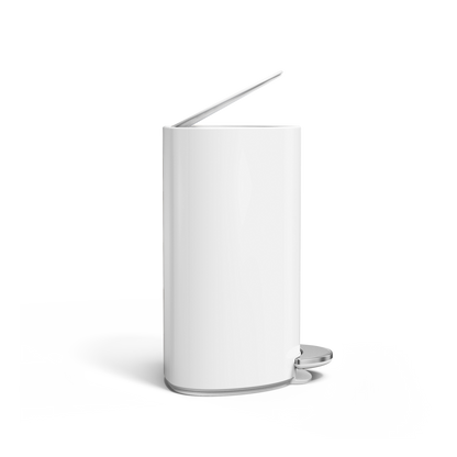 Simplehuman White 6L Semi-Round Step Can, low-angle view emphasizing space-saving design and hands-free pedal.