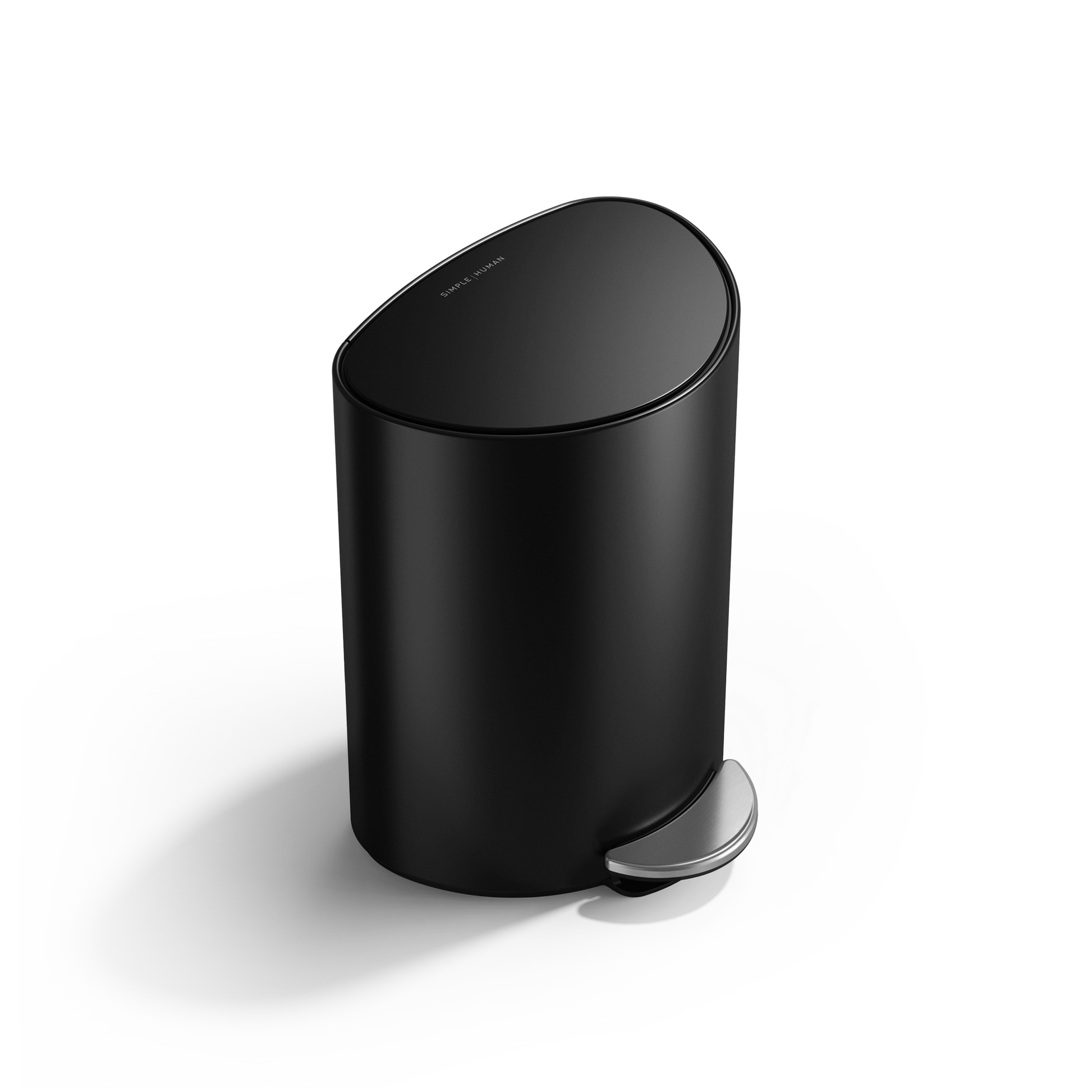 Simplehuman 6L Semi-Round Step Can in Matte Black, angled view, durable metal pedal provides hands-free operation.