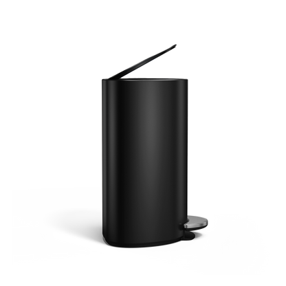 Simplehuman Matte Black 6L Semi-Round Step Can, side view with lid open, hands-free operation.